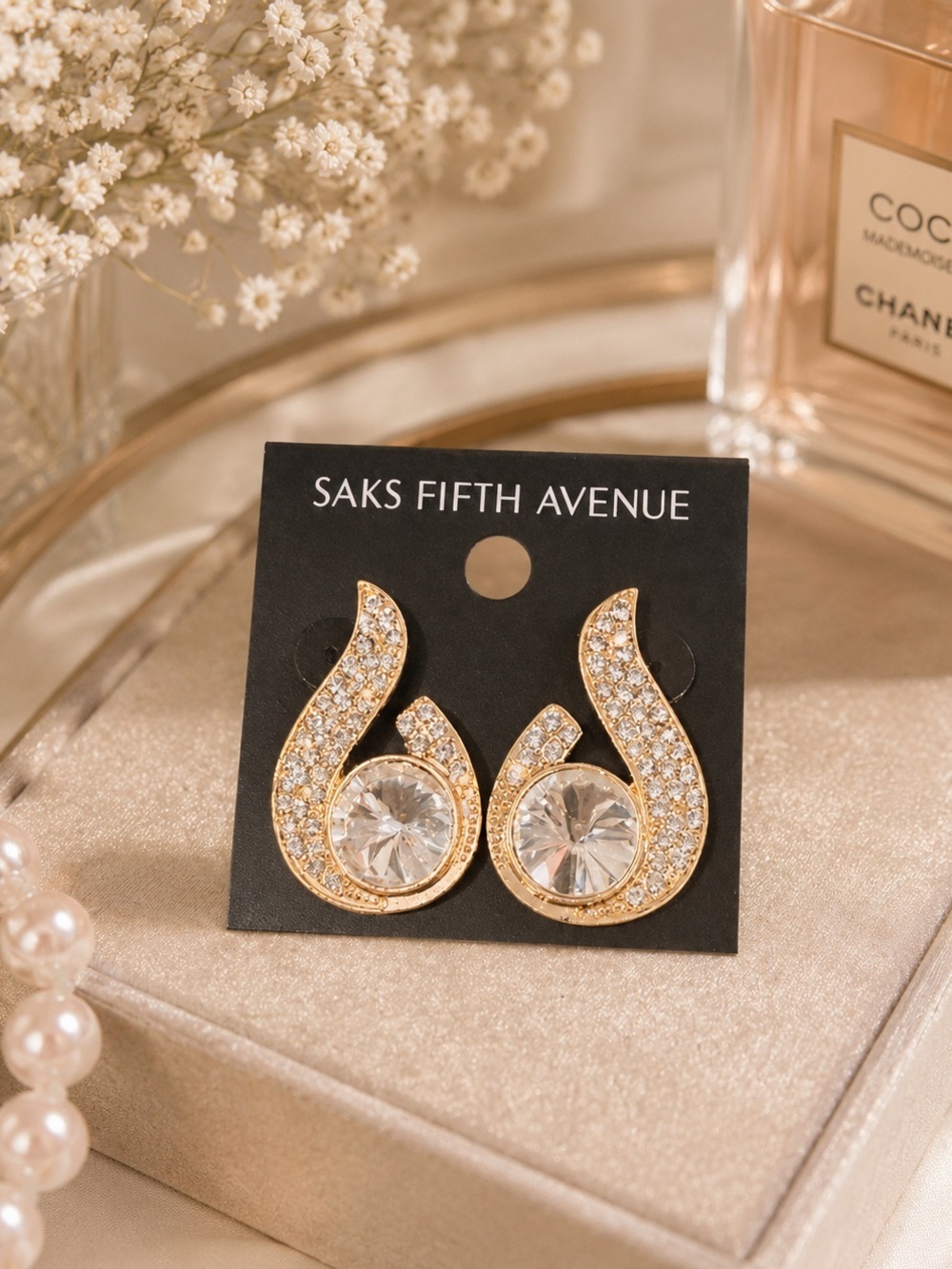 Saks Fifth Avenue Gold shiny CZ Swirl Stud Earrings, post back cute gift for her